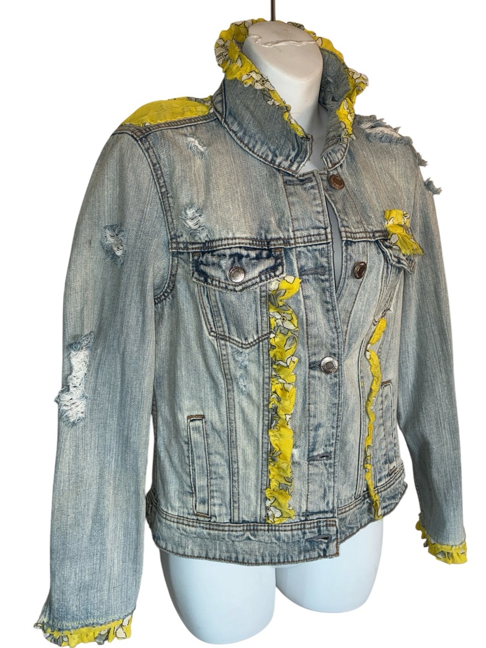 Ragamuffin Couture: embellished Denim Jacket women's M, yellow Floral ruffles - Picture 4 of 17